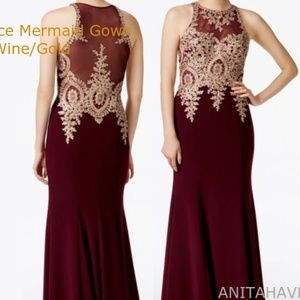 XSCAPE Floral Lace Mermaid Gown Wine Gold